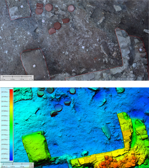 Fig. 6. Utilizarea produselor fotogrammetrice în documentarea cercetării arheologice, orthofotomozaic de mare rezoluție pentru grundriss și model digital al elevației (detaliu).